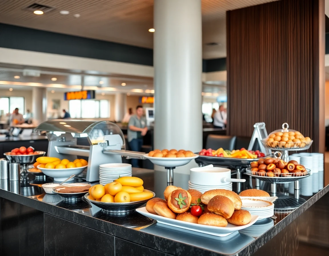 Airport lounge buffet station with fresh fruits and pastries, professional food 