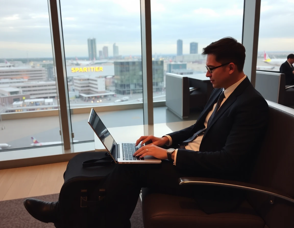 Business traveler working on laptop in quiet airport lounge with city view, life