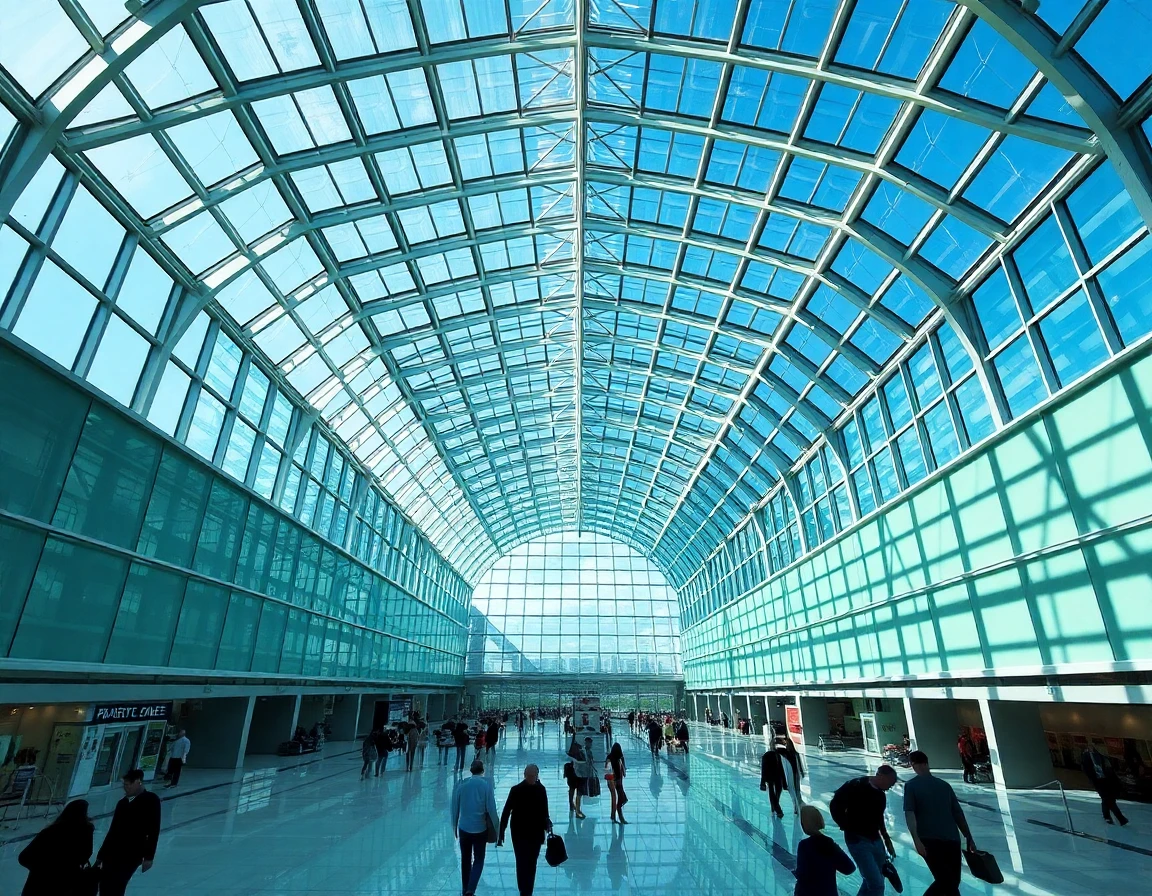 Modern airport terminal interior with massive glass ceiling and travelers walkin