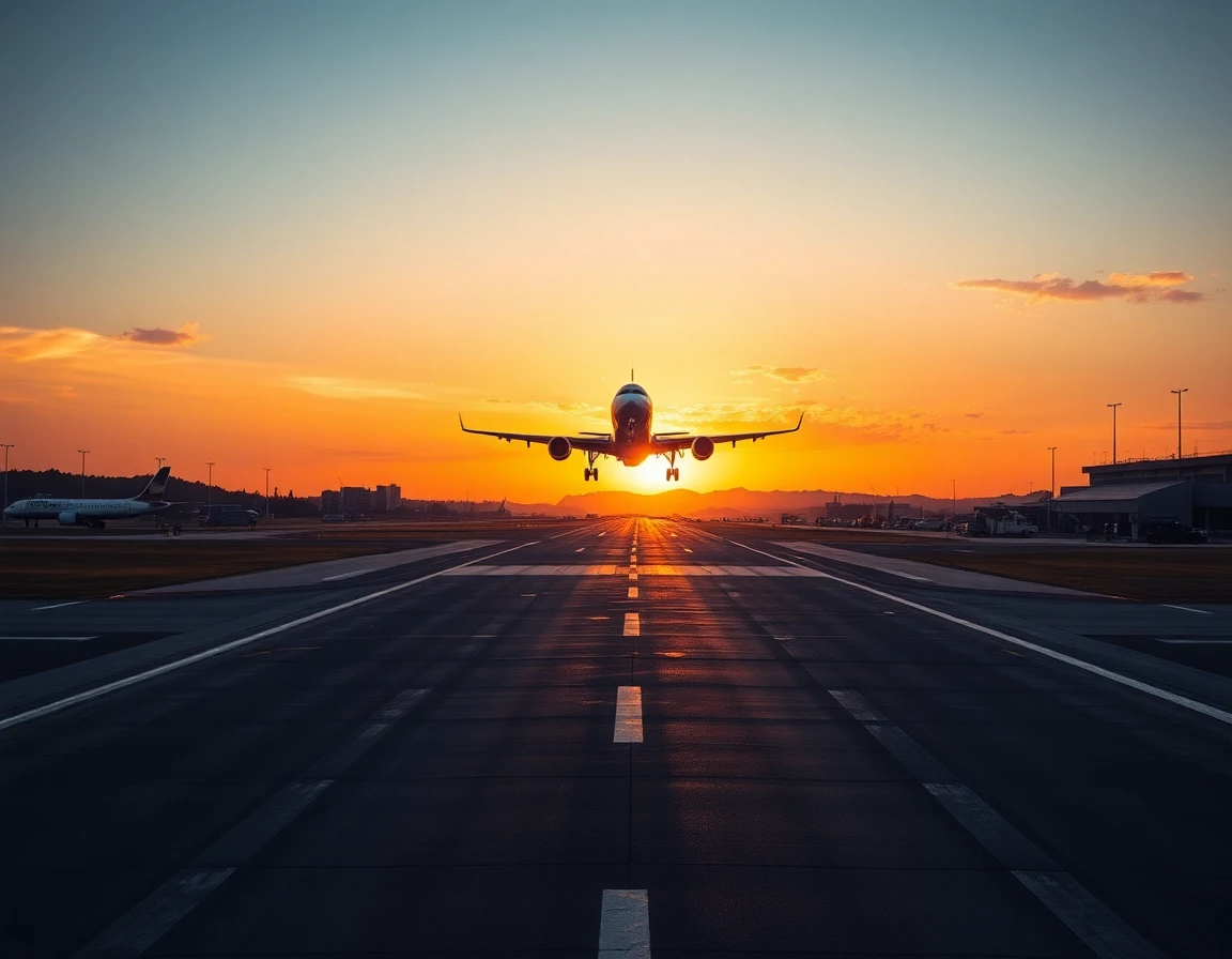Tokyo Haneda Airport runway at golden hour with airplane taking off, telephoto l