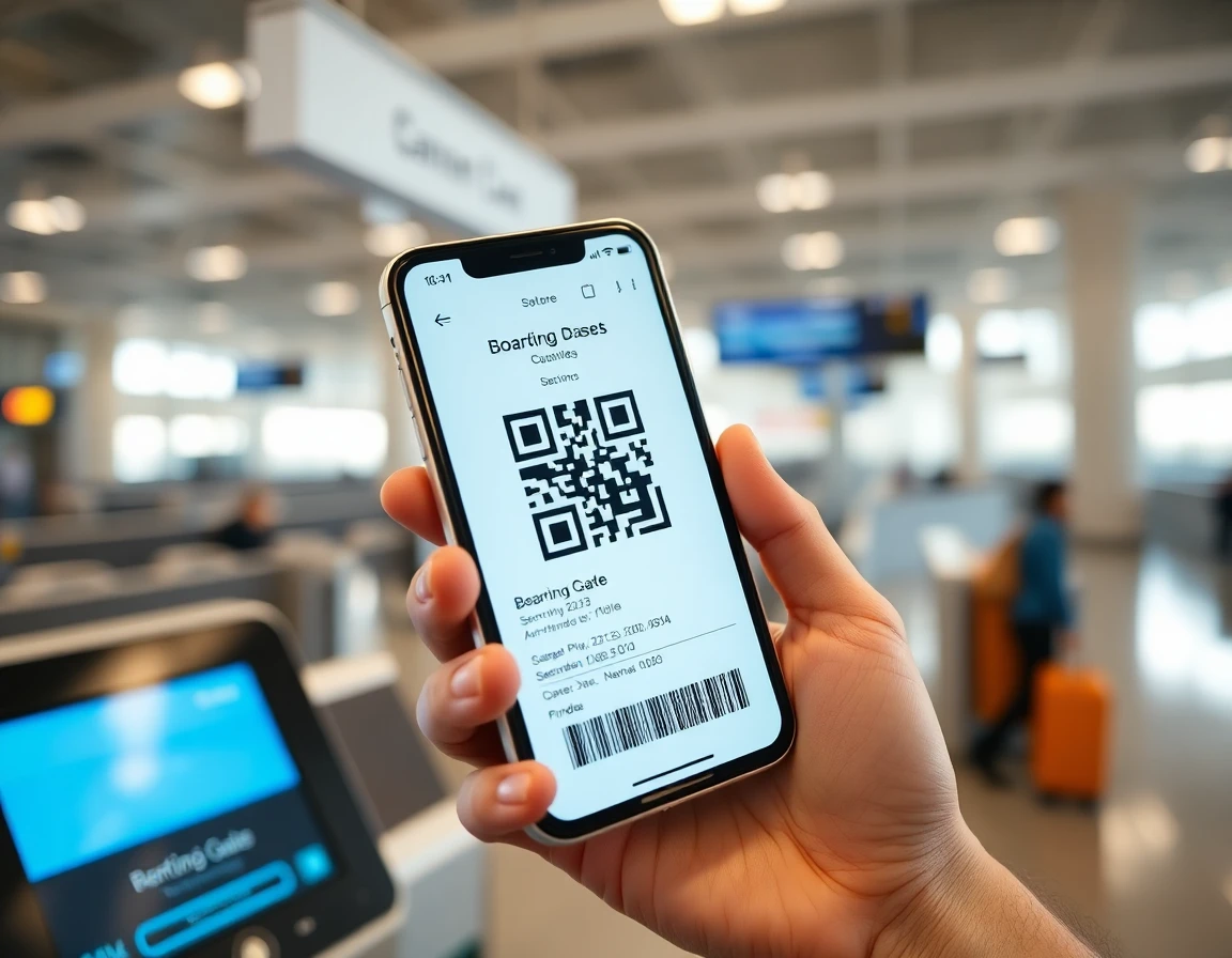 Smartphone displaying QR code boarding pass held up at airport gate scanner, clo