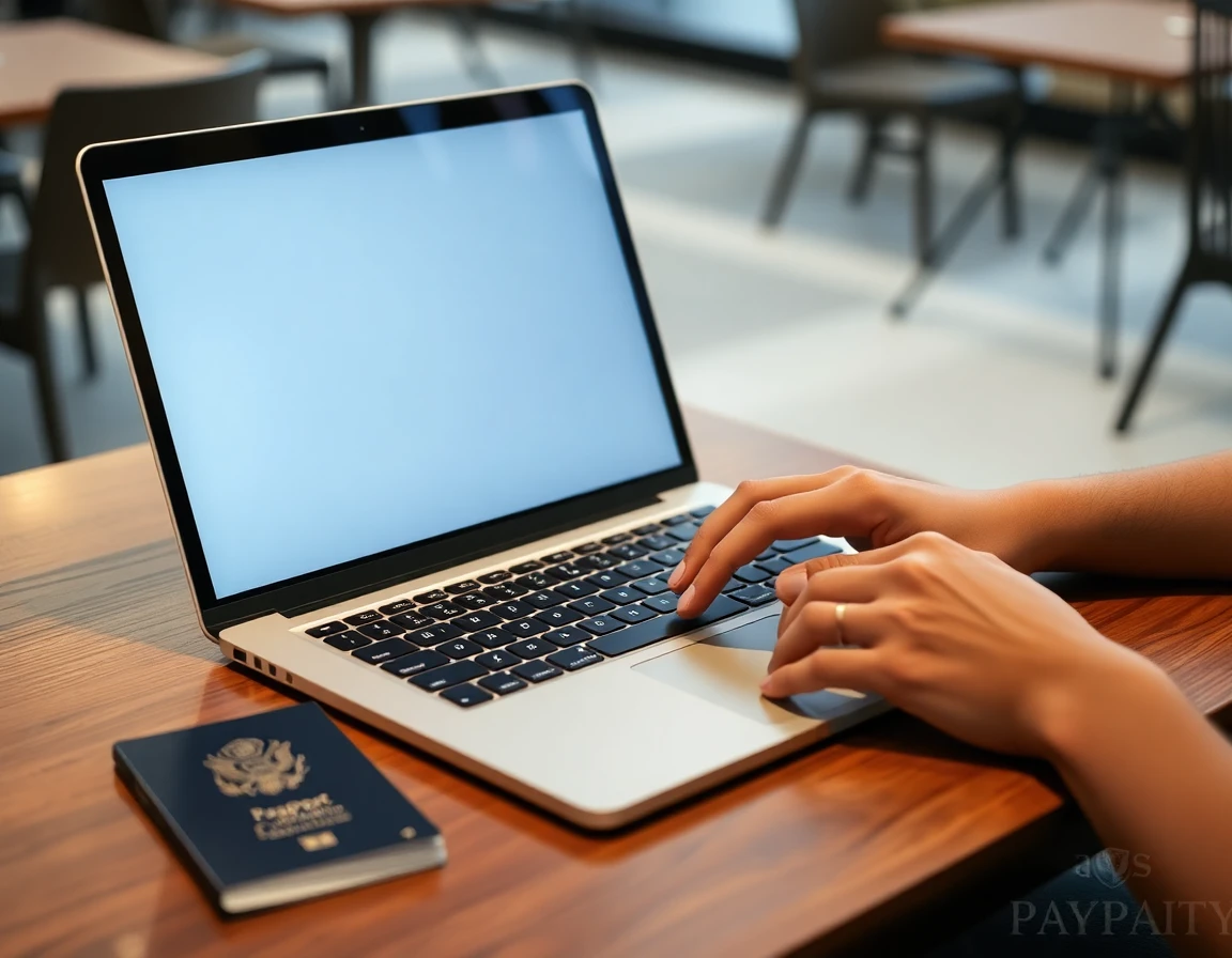 Modern laptop on cafe table with passport and credit card, person typing, profes