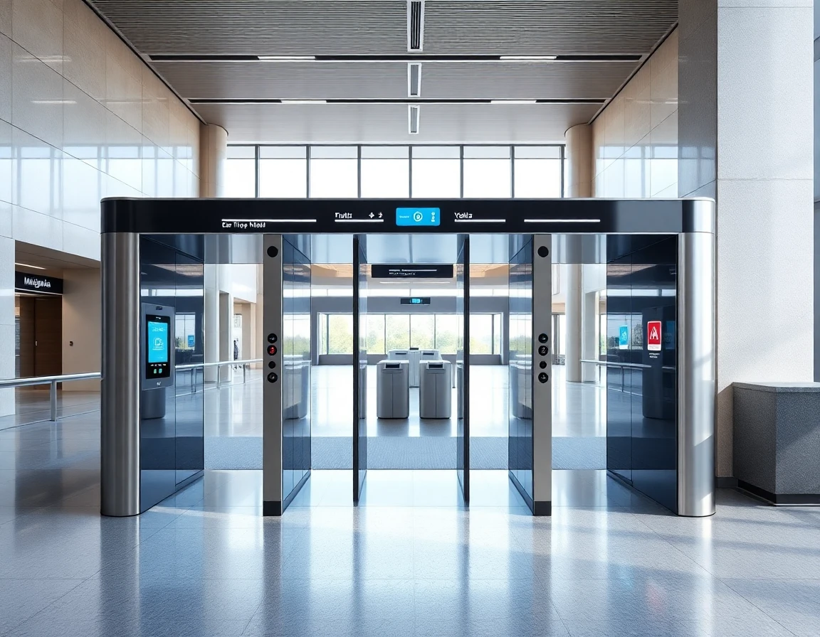 Modern automated immigration e-gate with biometric scanner, sleek design, no peo