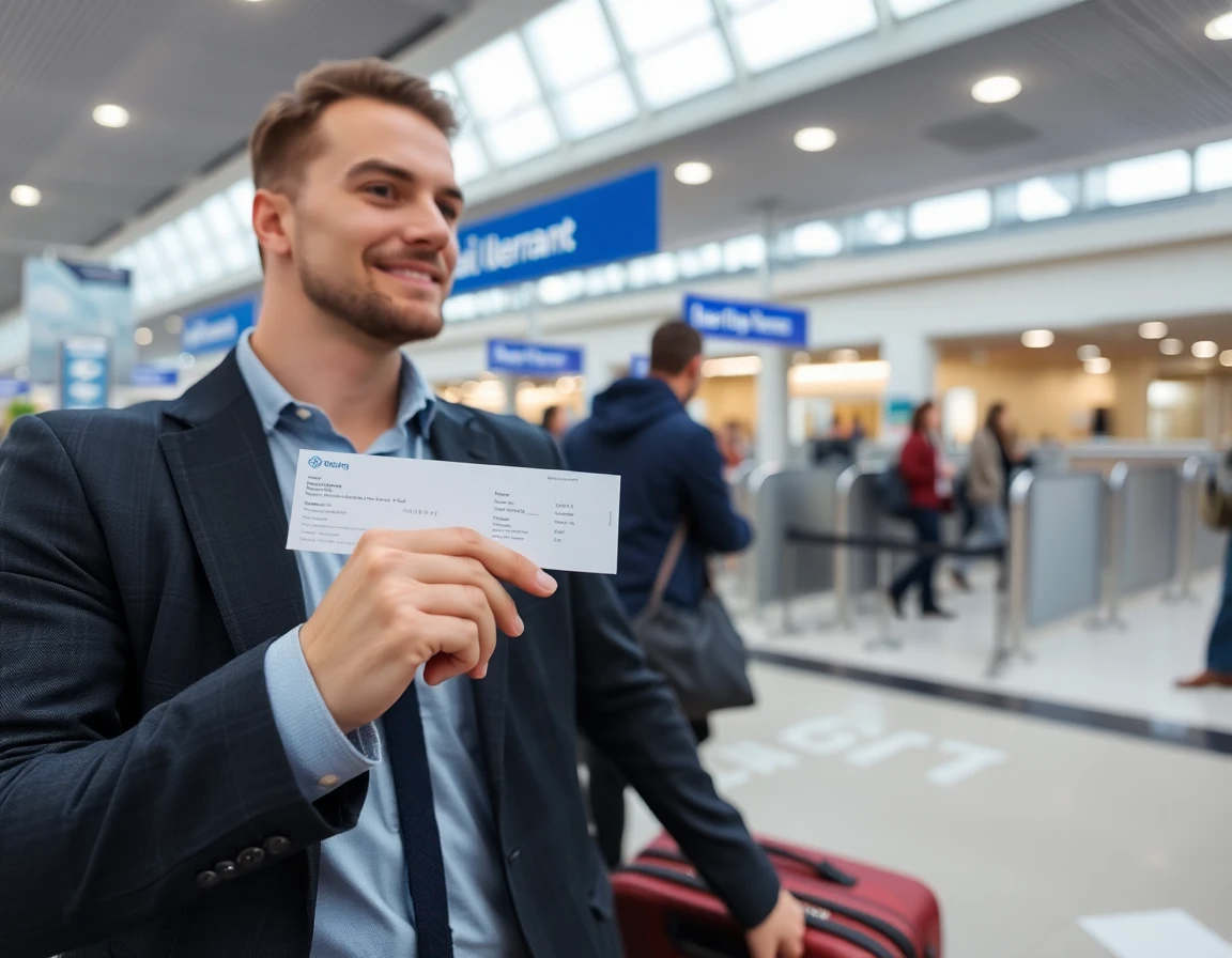 Business traveler showing boarding pass at fast track entrance, modern airport t