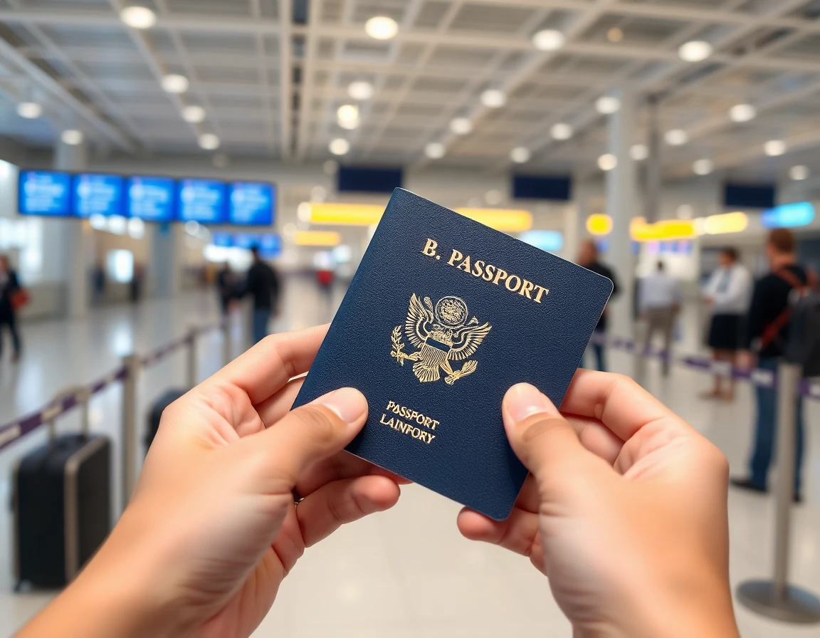 Hands holding open passport at airport check-in counter, close-up, professional 