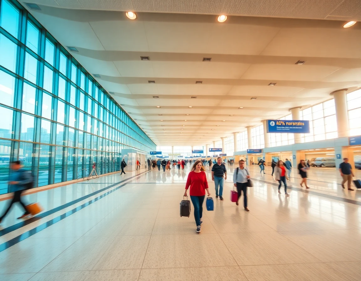 International airport terminal with travelers walking, motion blur, wide angle a