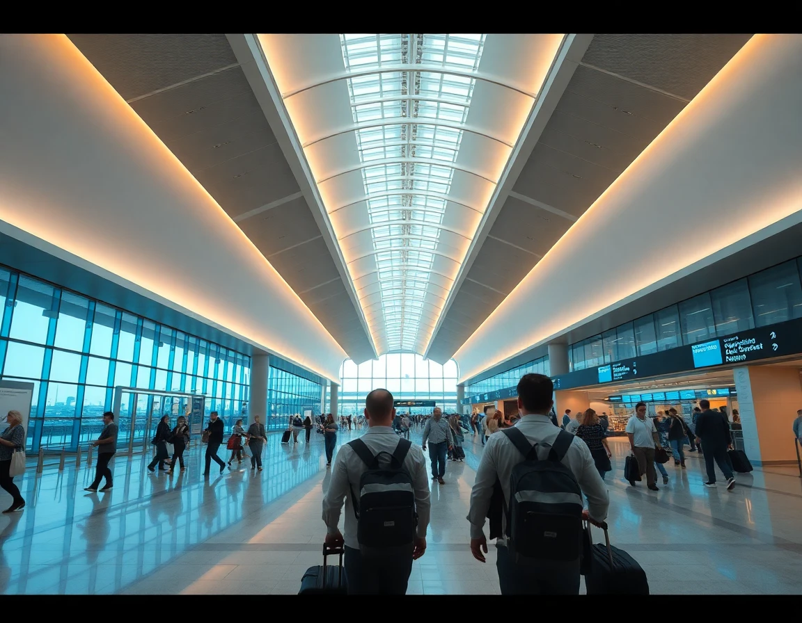 Sydney Airport modern terminal interior with travelers, wide angle architectural
