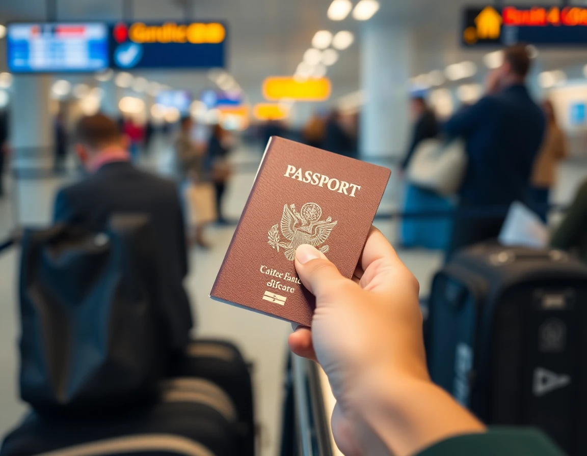 Hands holding open passport at airport check-in counter, close-up, professional 