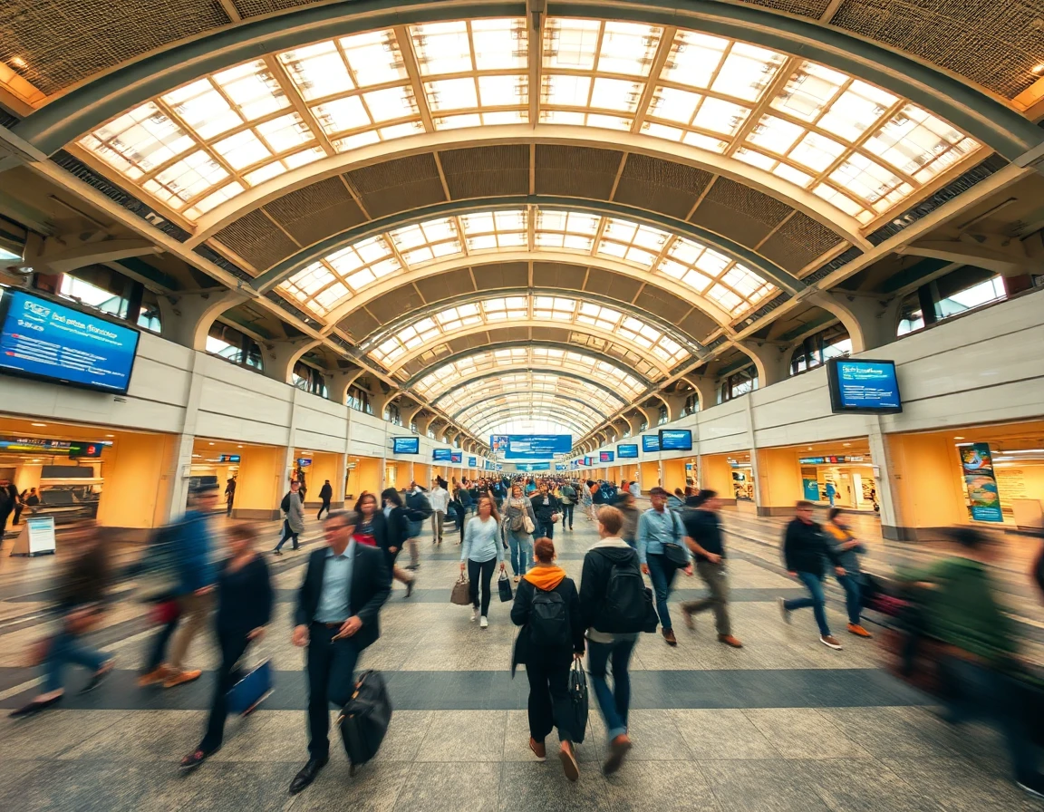 International airport terminal with travelers walking, motion blur, wide angle a