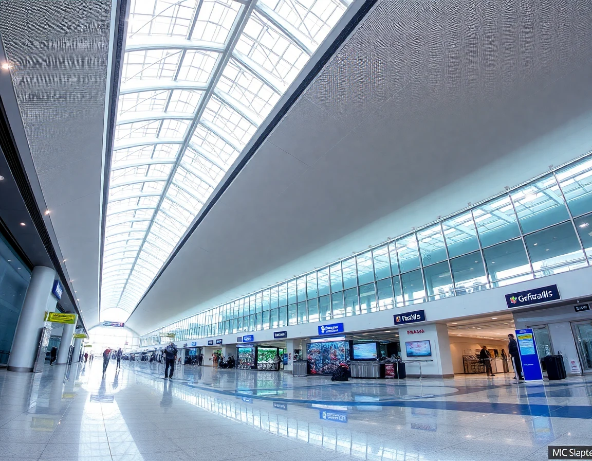 Sao Paulo Guarulhos airport terminal interior, wide angle architectural