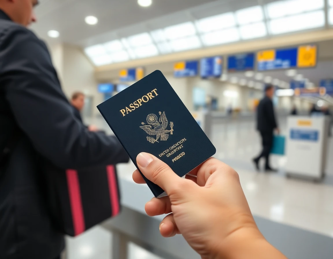 Hands holding open passport at airport check-in counter, close-up, professional 