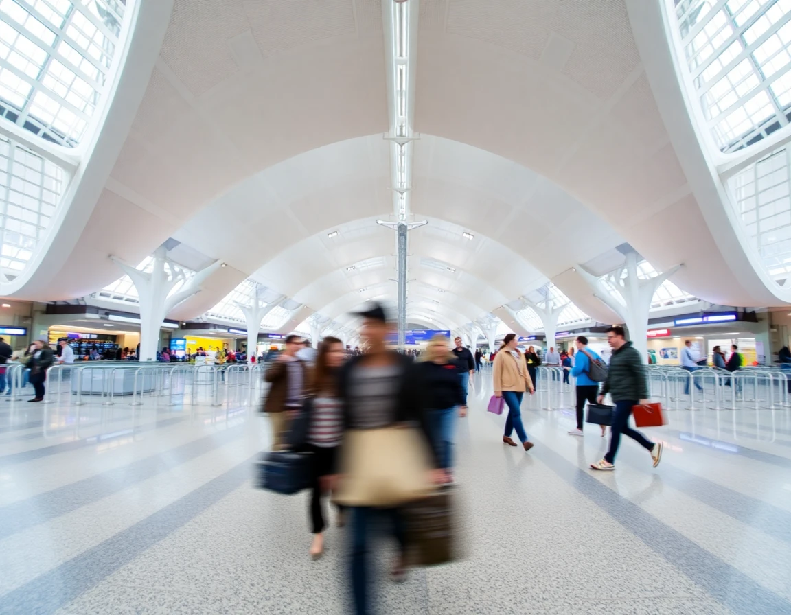 International airport terminal with travelers walking, motion blur, wide angle a