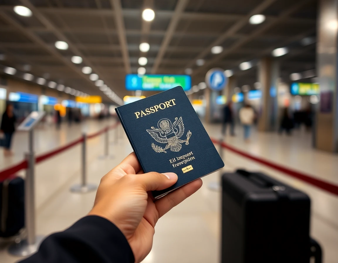 Hands holding open passport at airport check-in counter, close-up, professional 