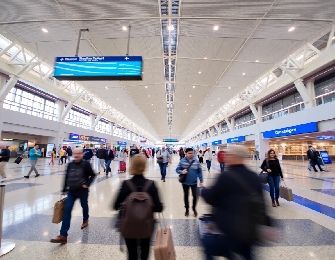 International airport terminal with travelers walking, motion blur, wide angle a