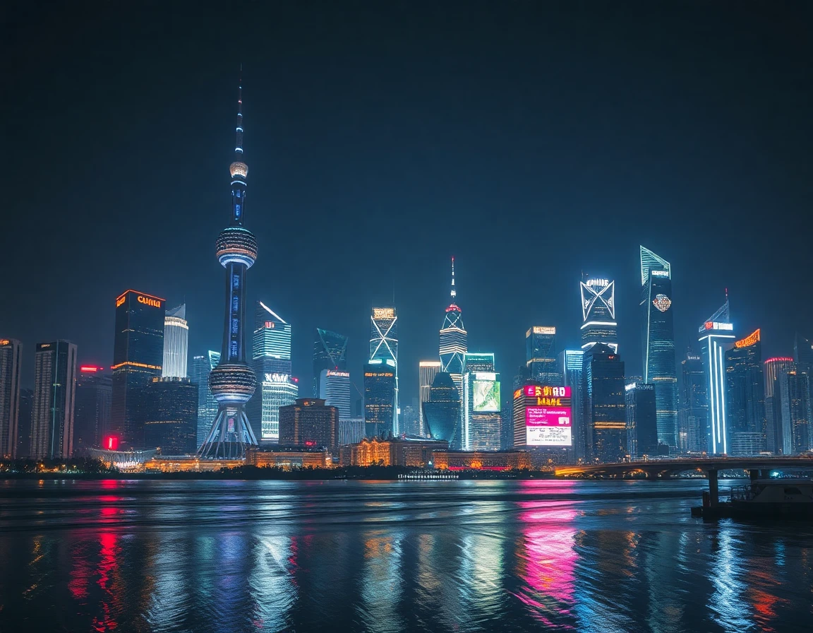 Shanghai Pudong skyline at night with reflections, professional cityscape