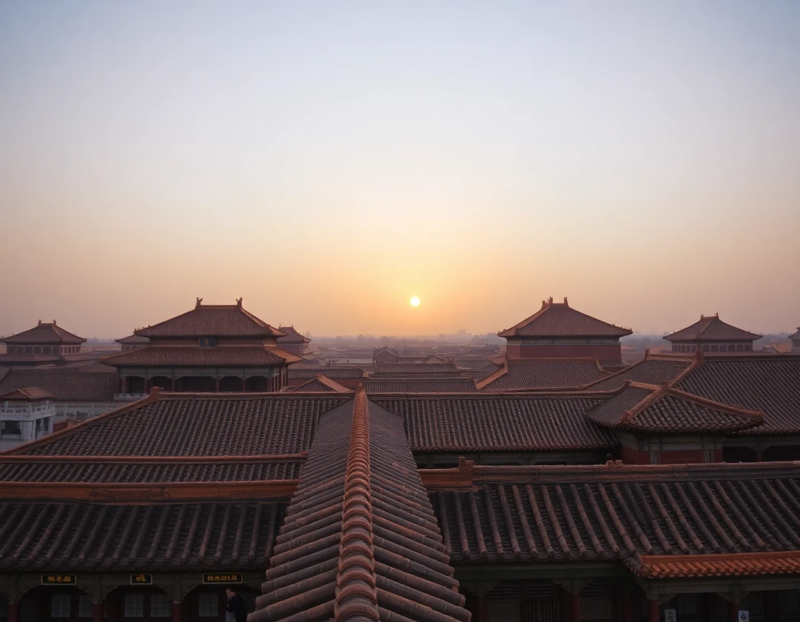 Beijing Forbidden City rooftops with golden light, no people, architectural phot