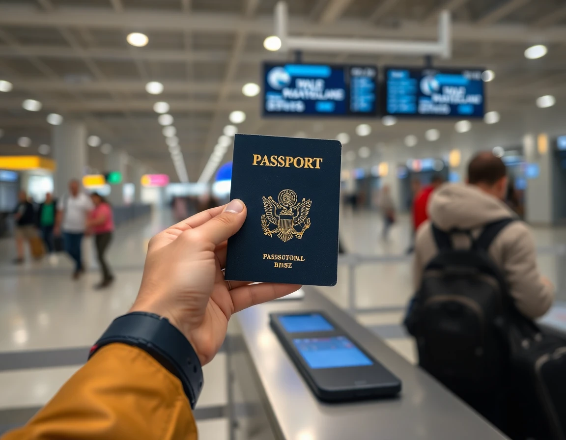 Hands holding open passport at airport check-in counter, close-up, professional 