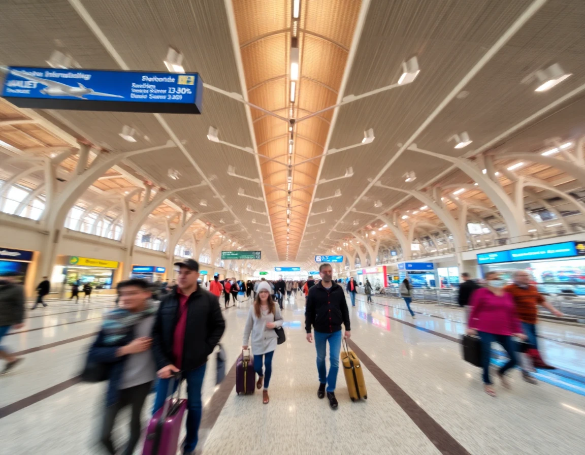 International airport terminal with travelers walking, motion blur, wide angle a
