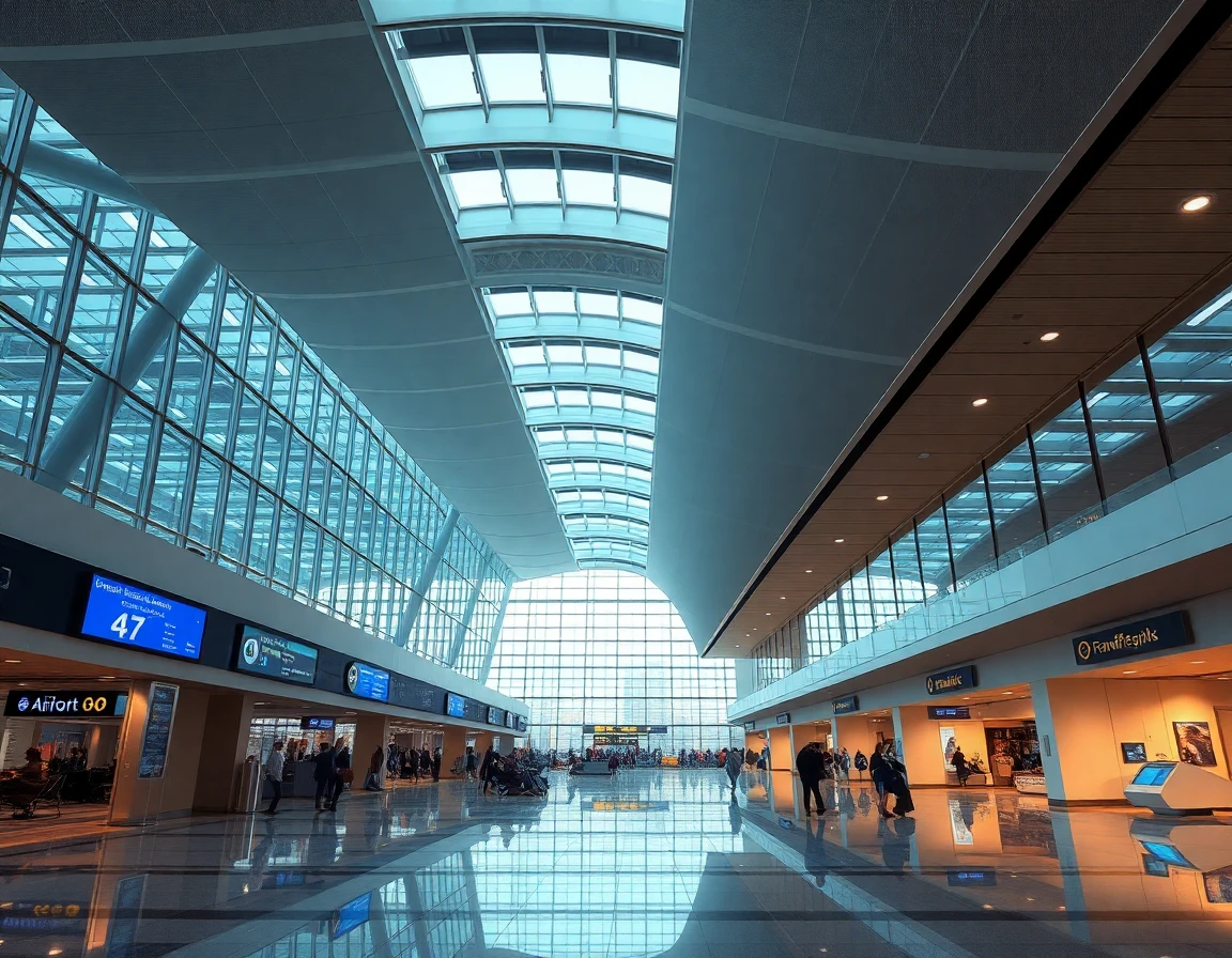 Frankfurt Airport terminal modern interior, wide angle architectural