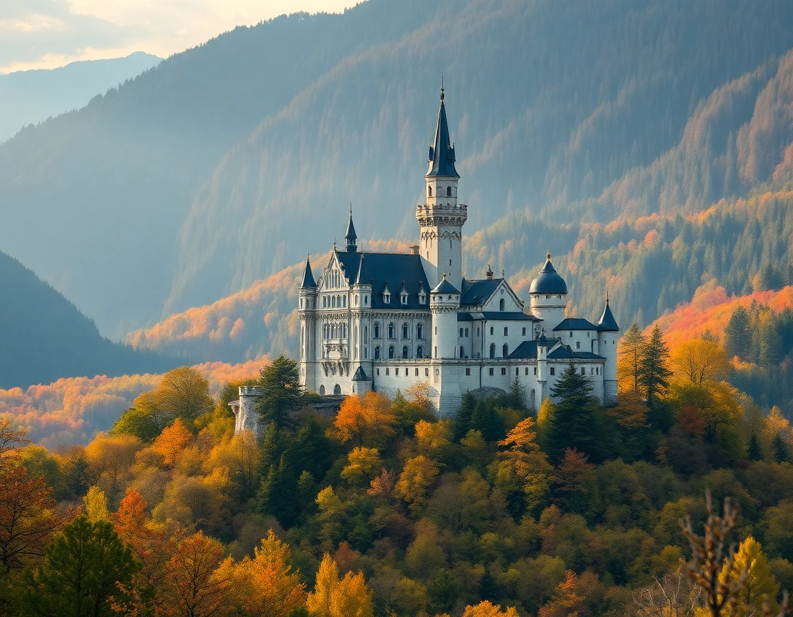 Bavarian Alps Neuschwanstein Castle in autumn, professional landscape photograph