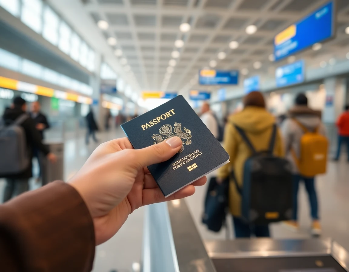 Hands holding open passport at airport check-in counter, close-up, professional 