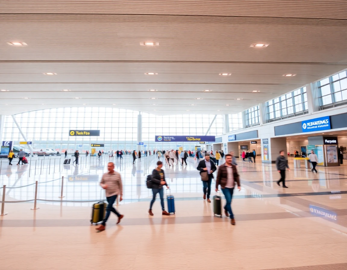 International airport terminal with travelers walking, motion blur, wide angle a