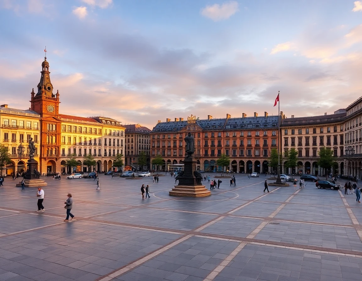 Madrid Plaza Mayor at golden hour, professional cityscape photography