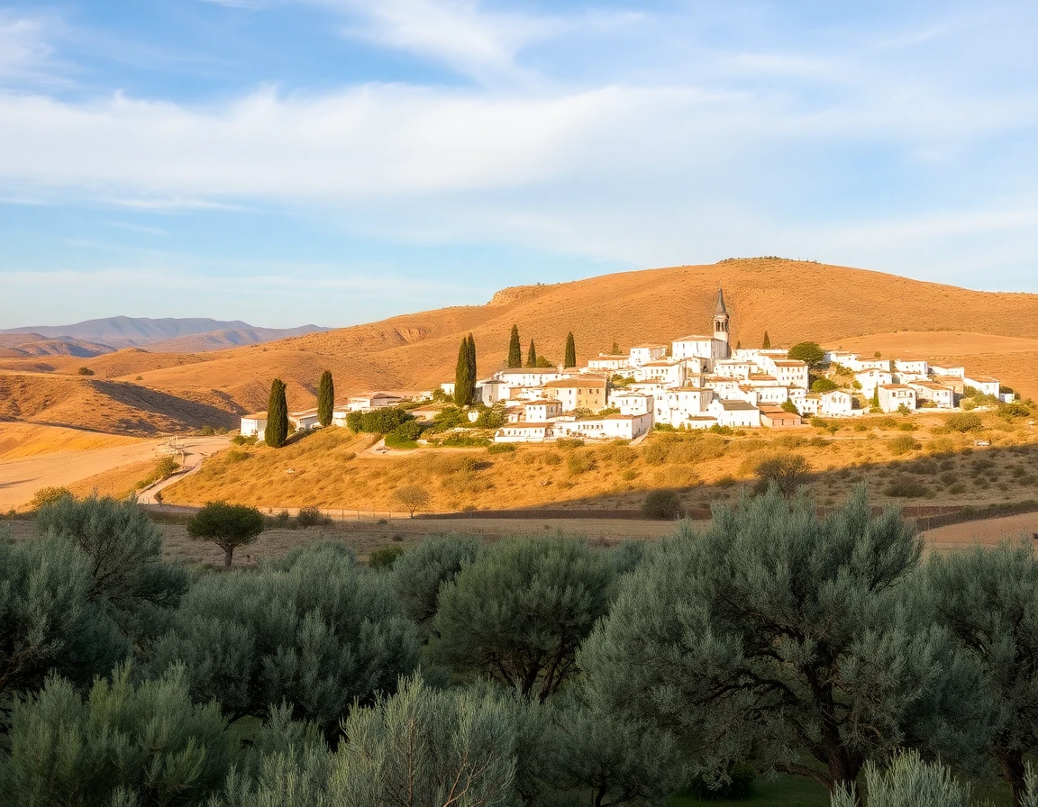 Andalusia countryside with white village and olive trees, professional landscape