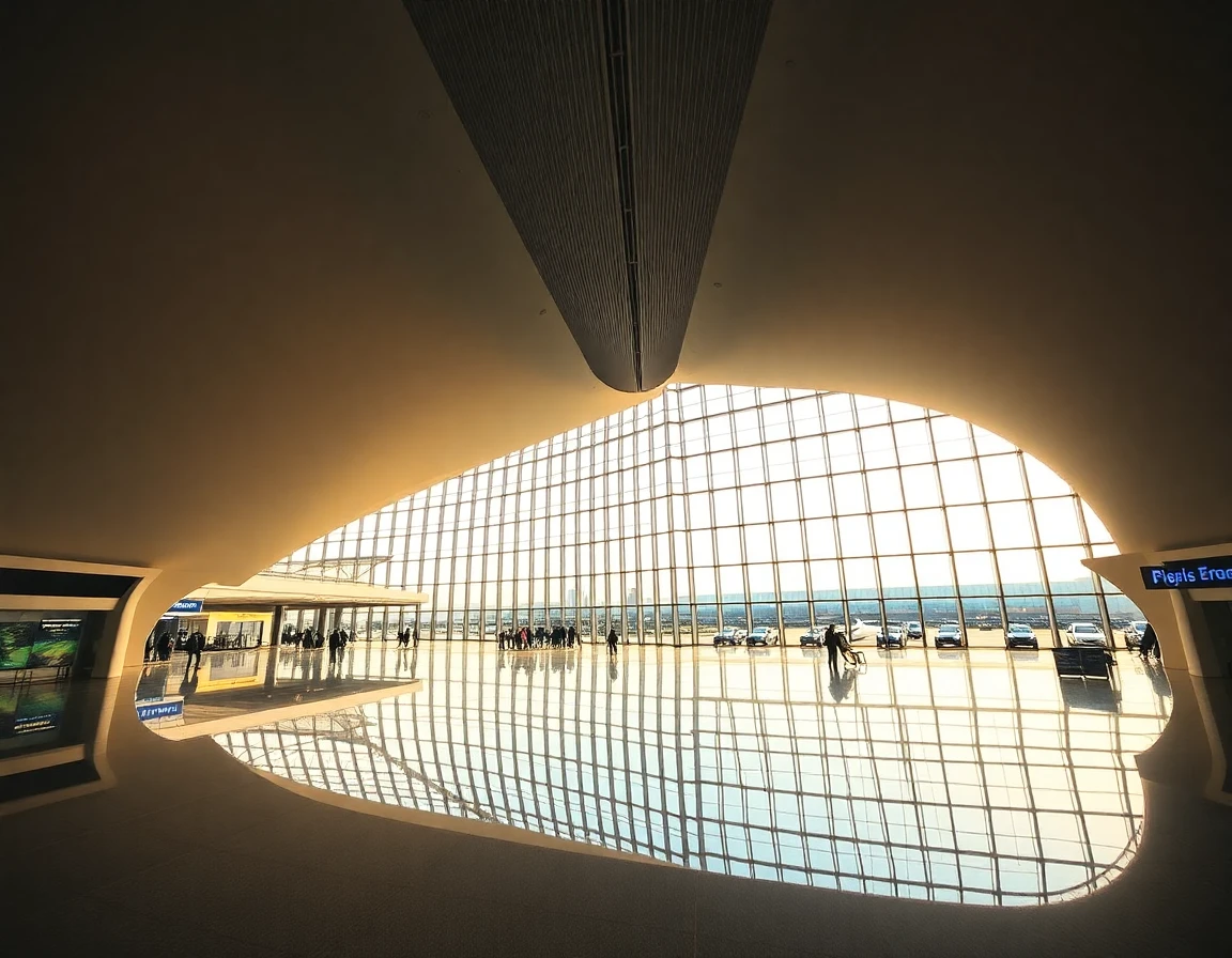 Charles de Gaulle Airport futuristic terminal interior, wide angle architectural