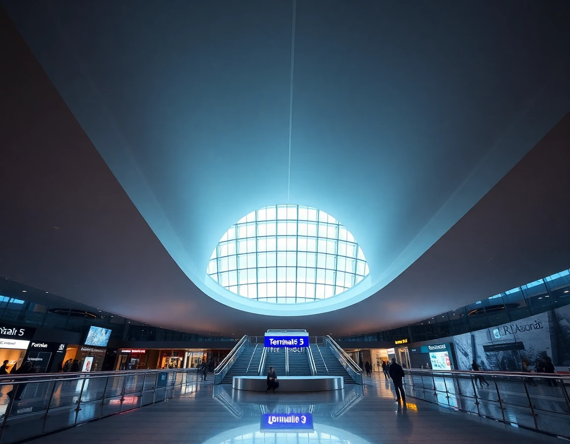 Heathrow Terminal 5 modern interior with curved architecture, wide angle