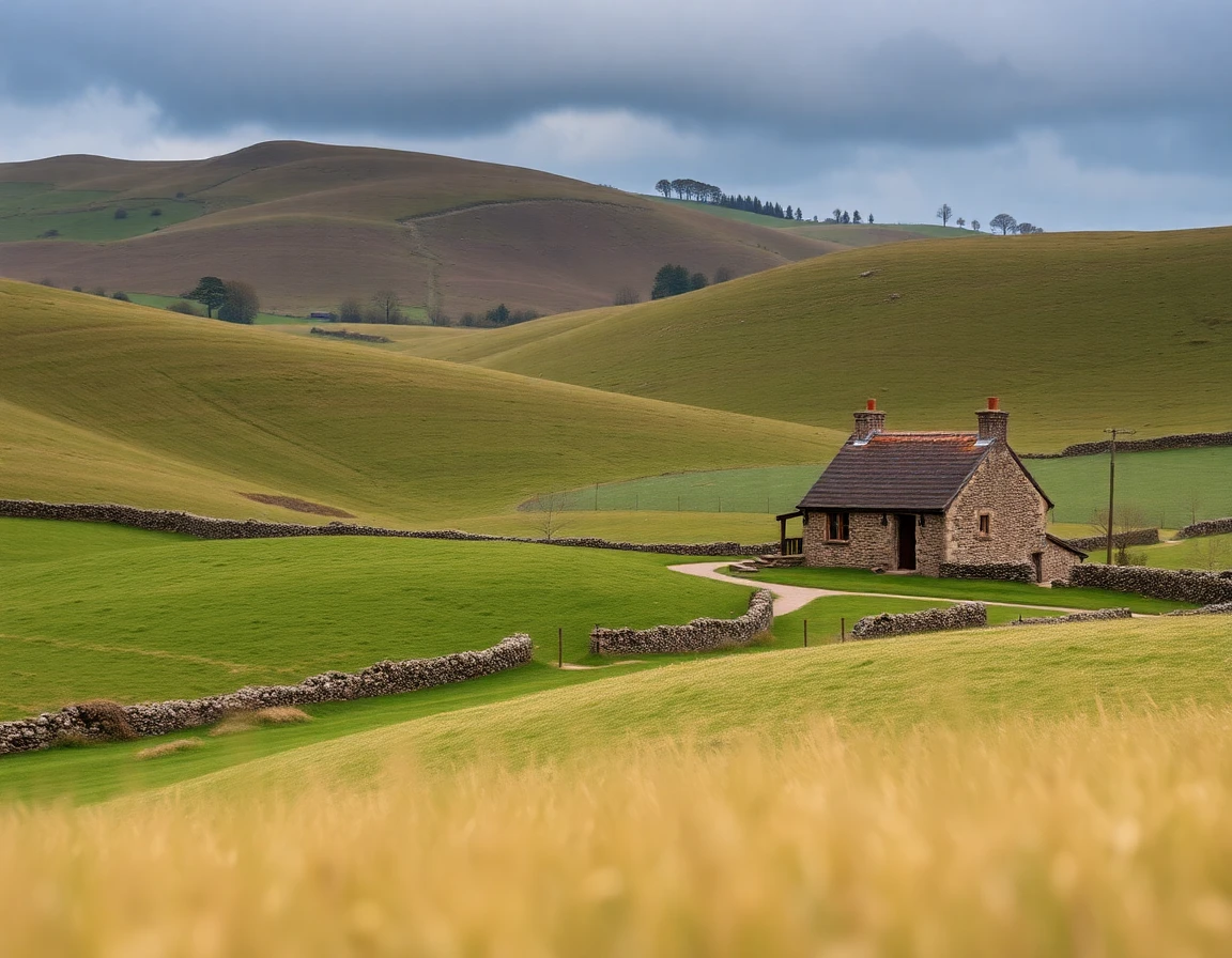 British countryside rolling hills with stone cottage, professional landscape pho