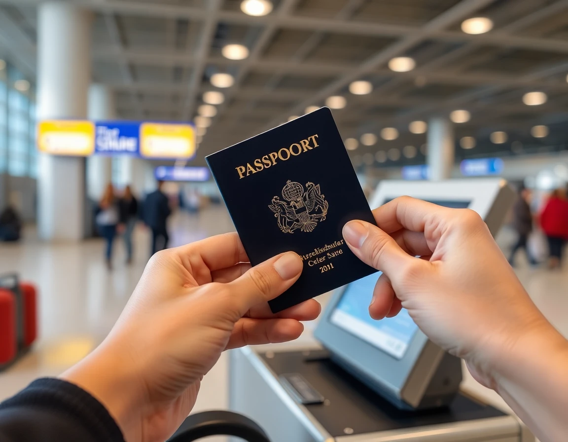 Hands holding open passport at airport check-in counter, close-up, professional 
