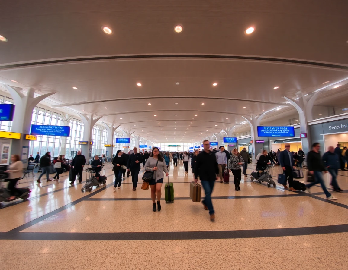 International airport terminal with travelers walking, motion blur, wide angle a