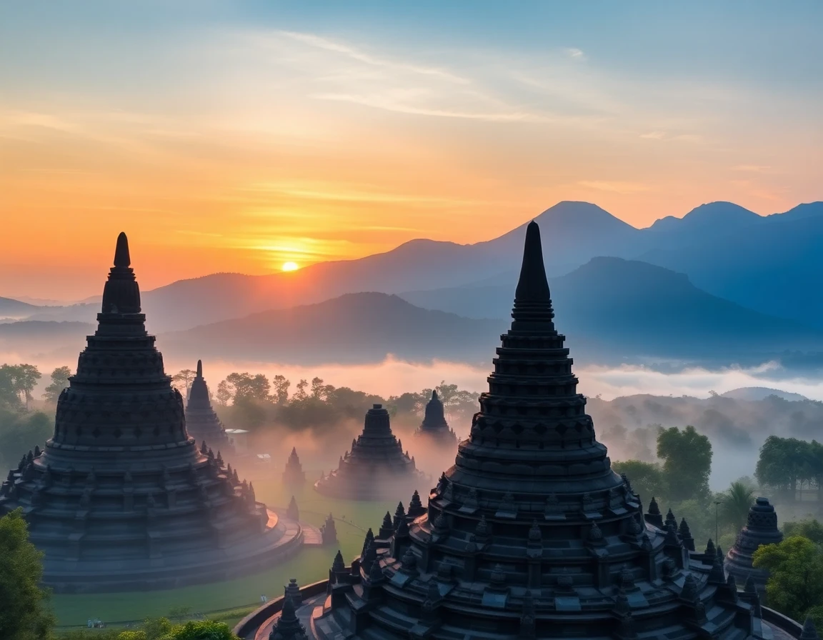 Borobudur temple at sunrise with mist and volcanic mountains, professional lands