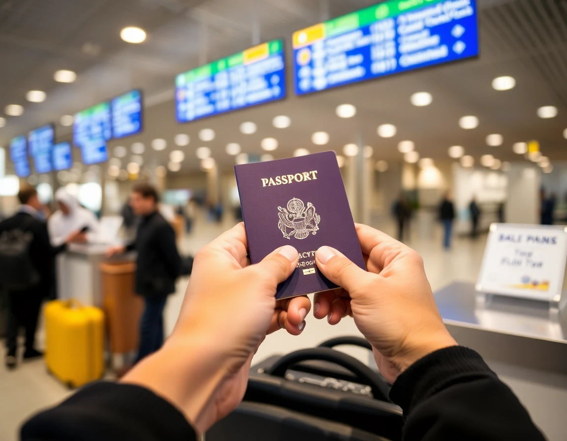 Hands holding open passport at airport check-in counter, close-up, professional 