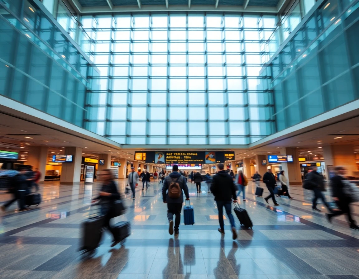 International airport terminal with travelers walking, motion blur, wide angle a
