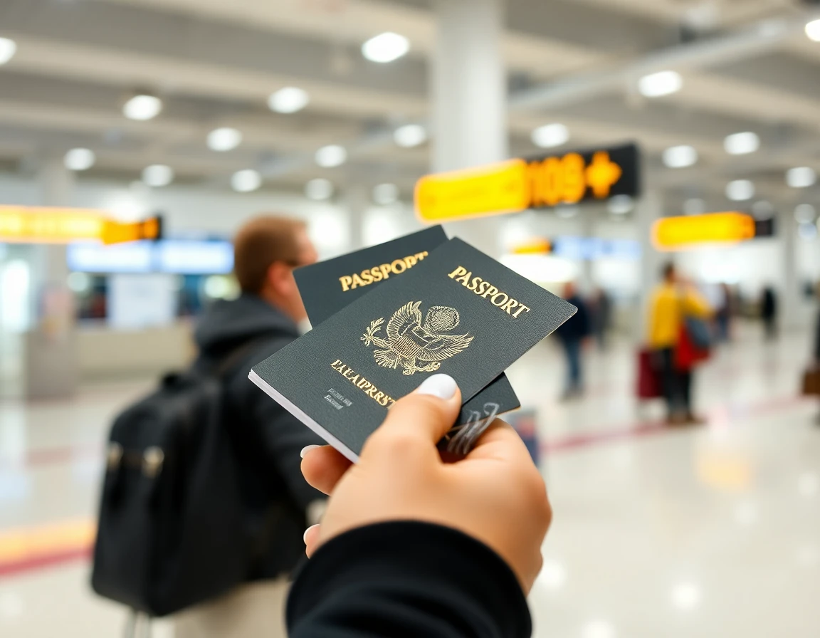 Hands holding open passport at airport check-in counter, close-up, professional 