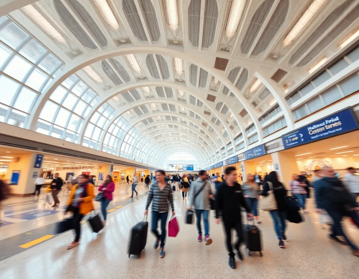 International airport terminal with travelers walking, motion blur, wide angle a