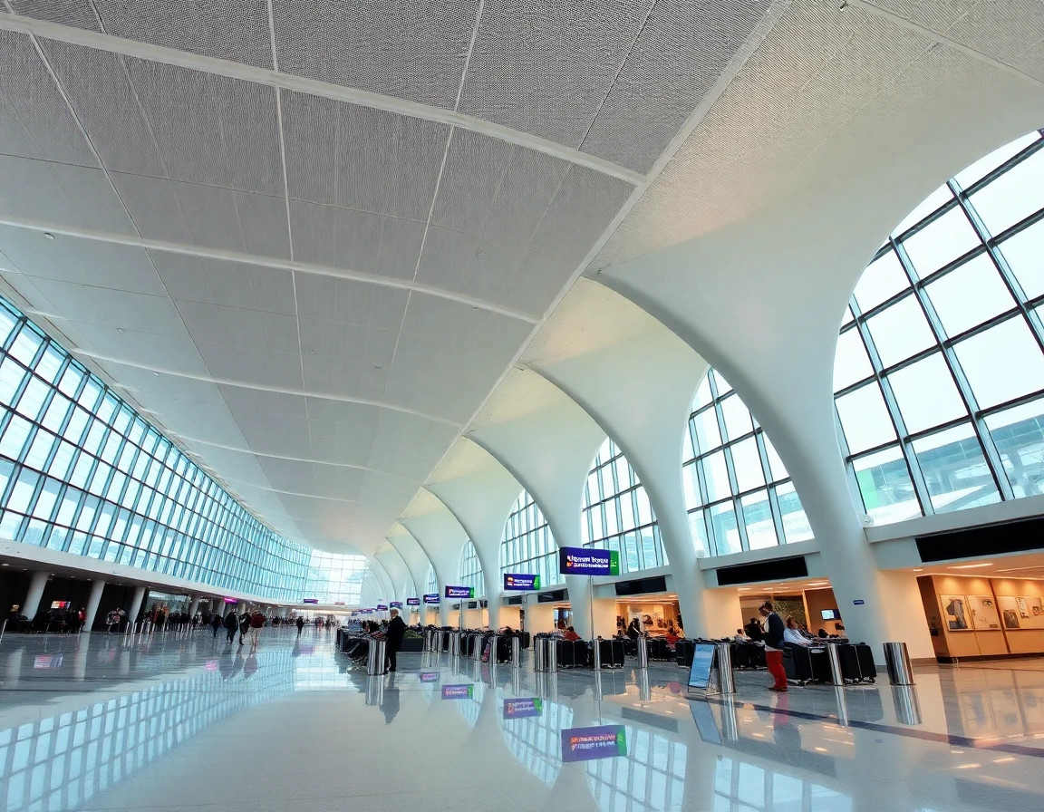 Delhi Indira Gandhi Airport Terminal 3 modern interior, wide angle architectural