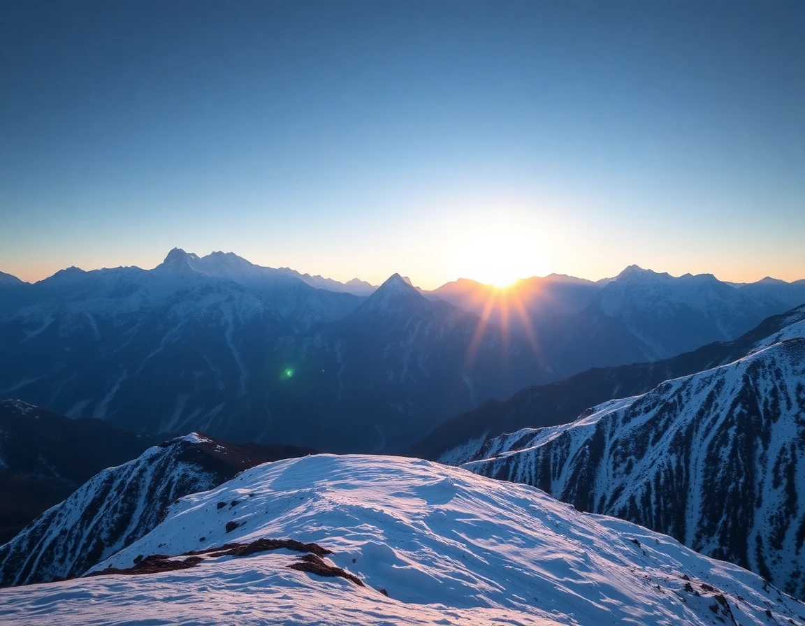 Indian Himalayas snow capped peaks at sunrise, professional landscape photograph