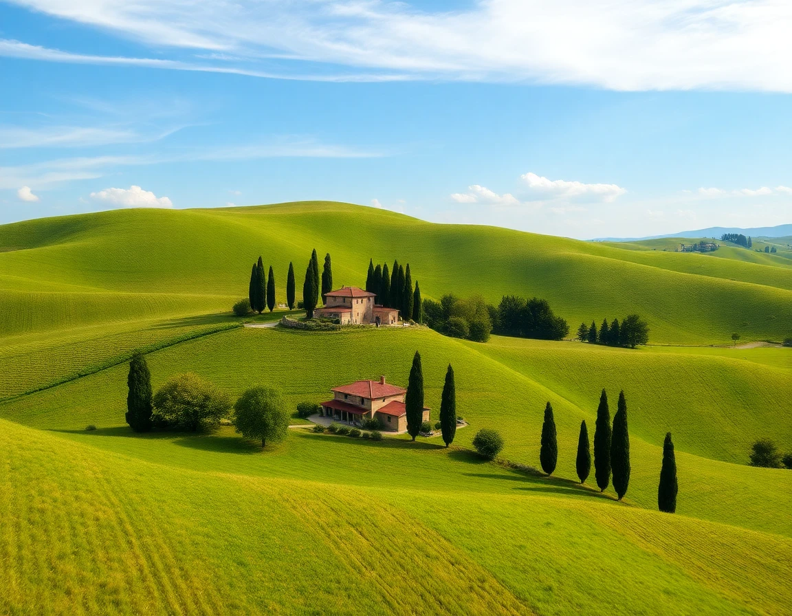 Tuscany rolling hills with cypress trees and farmhouse, professional landscape p
