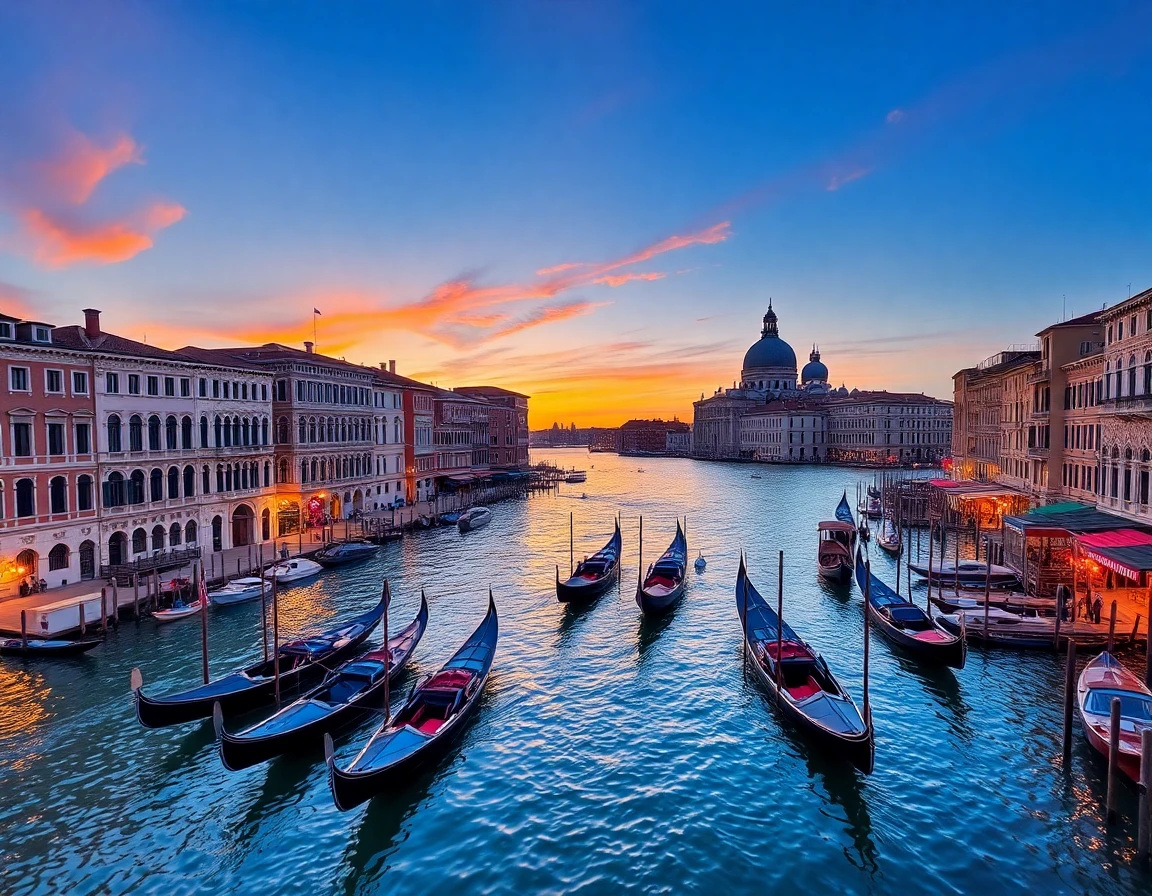 Venice Grand Canal with gondolas at sunset, professional cityscape photography