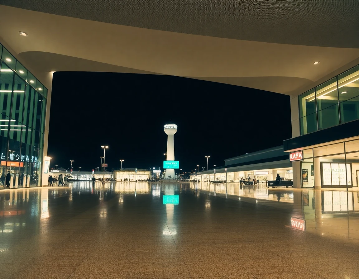 Tokyo Haneda Airport terminal interior at night with reflections, wide angle arc