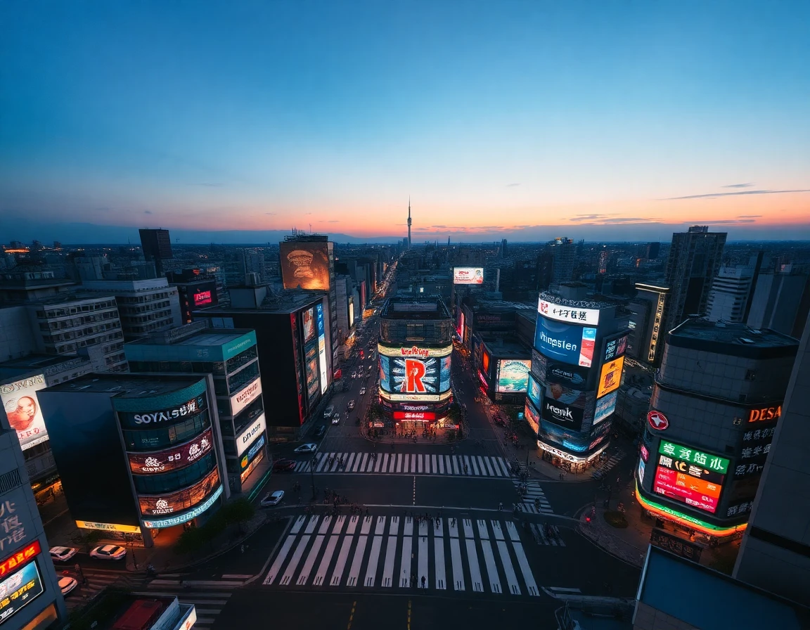 Tokyo Shibuya crossing aerial view at dusk with neon lights, professional citysc