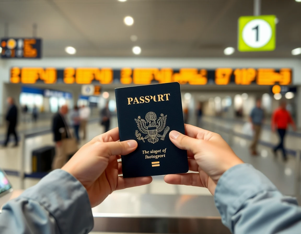 Hands holding open passport at airport check-in counter, close-up, professional 