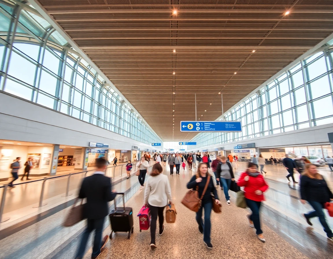 International airport terminal with travelers walking, motion blur, wide angle a
