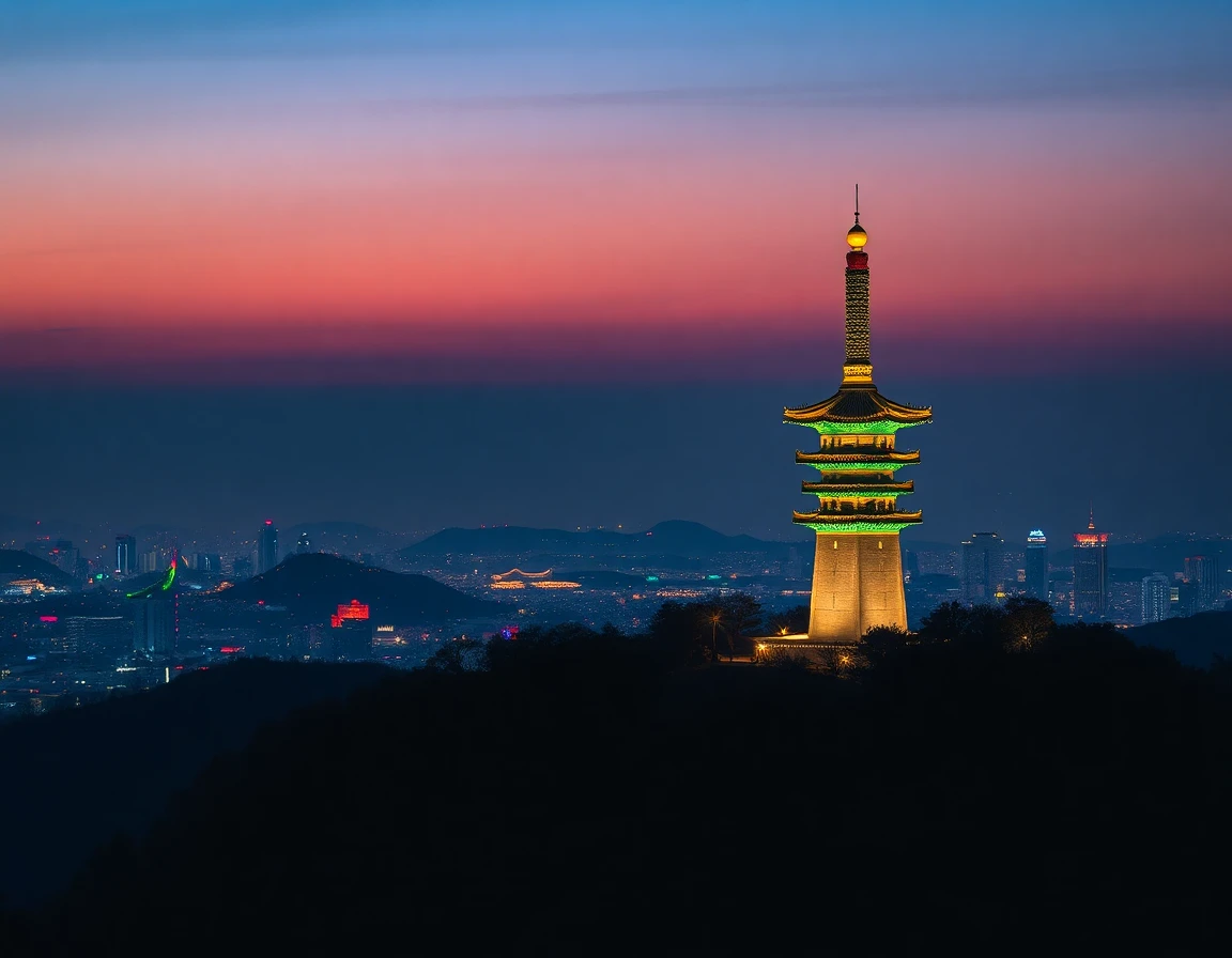 Seoul Namsan Tower at twilight with city lights, cinematic landscape photography
