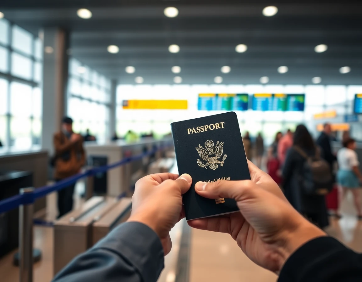 Hands holding open passport at airport check-in counter, close-up, professional 