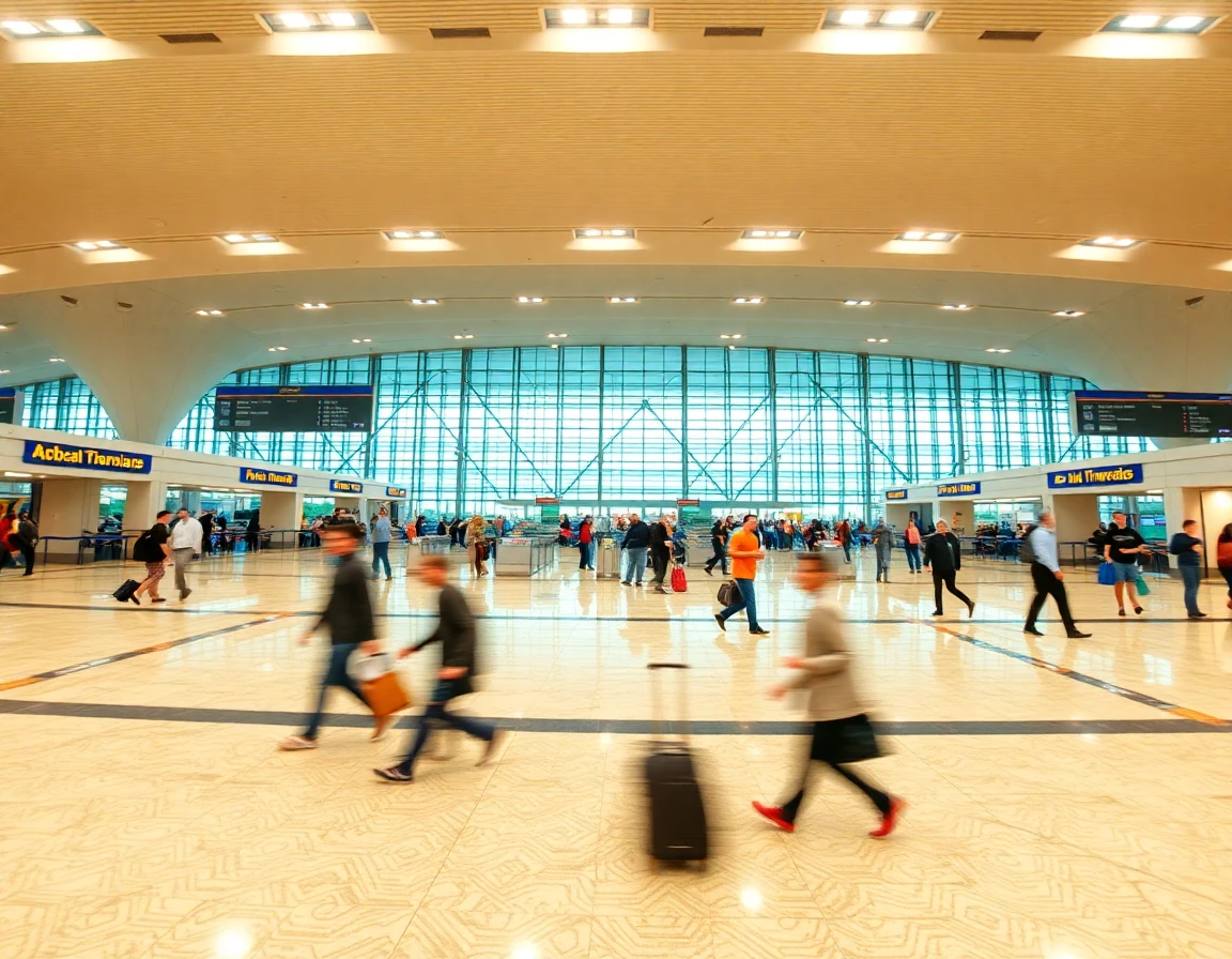 International airport terminal with travelers walking, motion blur, wide angle a