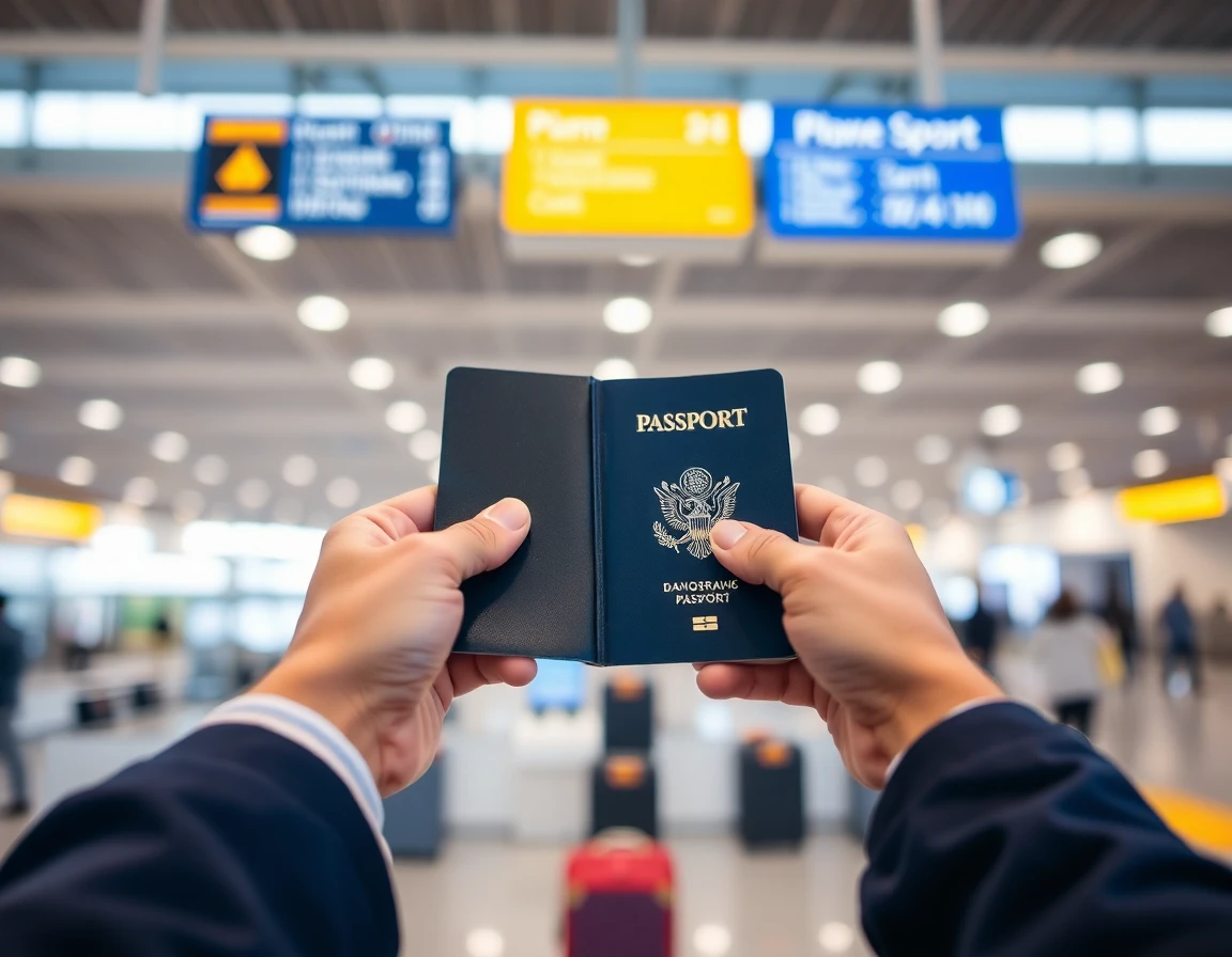 Hands holding open passport at airport check-in counter, close-up, professional 